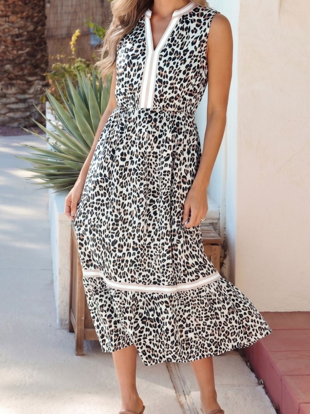 Sleeveless Black & White Leopard-Print Midi Dress with Contrast Trim